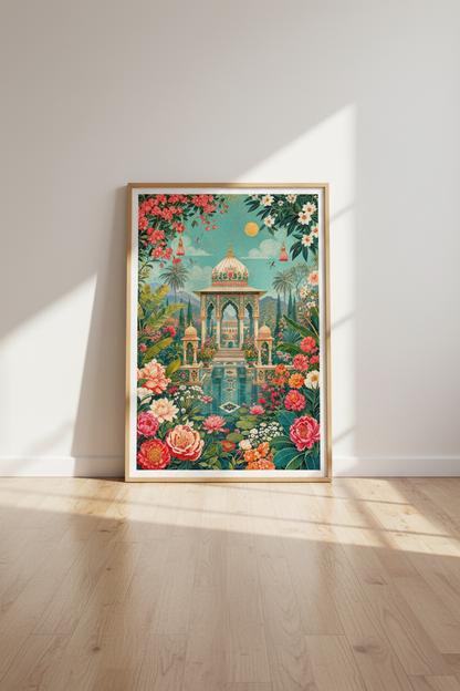 Indian Mughal Temple Garden | Vibrant Floral Botanical, Living Room Decor