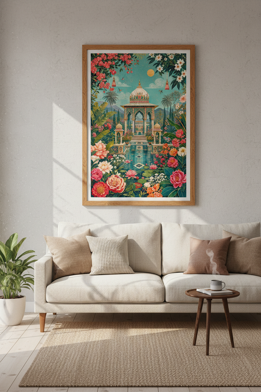 Indian Mughal Temple Garden | Vibrant Floral Botanical, Living Room Decor