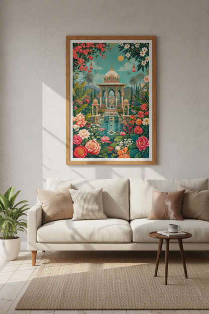 Indian Mughal Temple Garden | Vibrant Floral Botanical, Living Room Decor