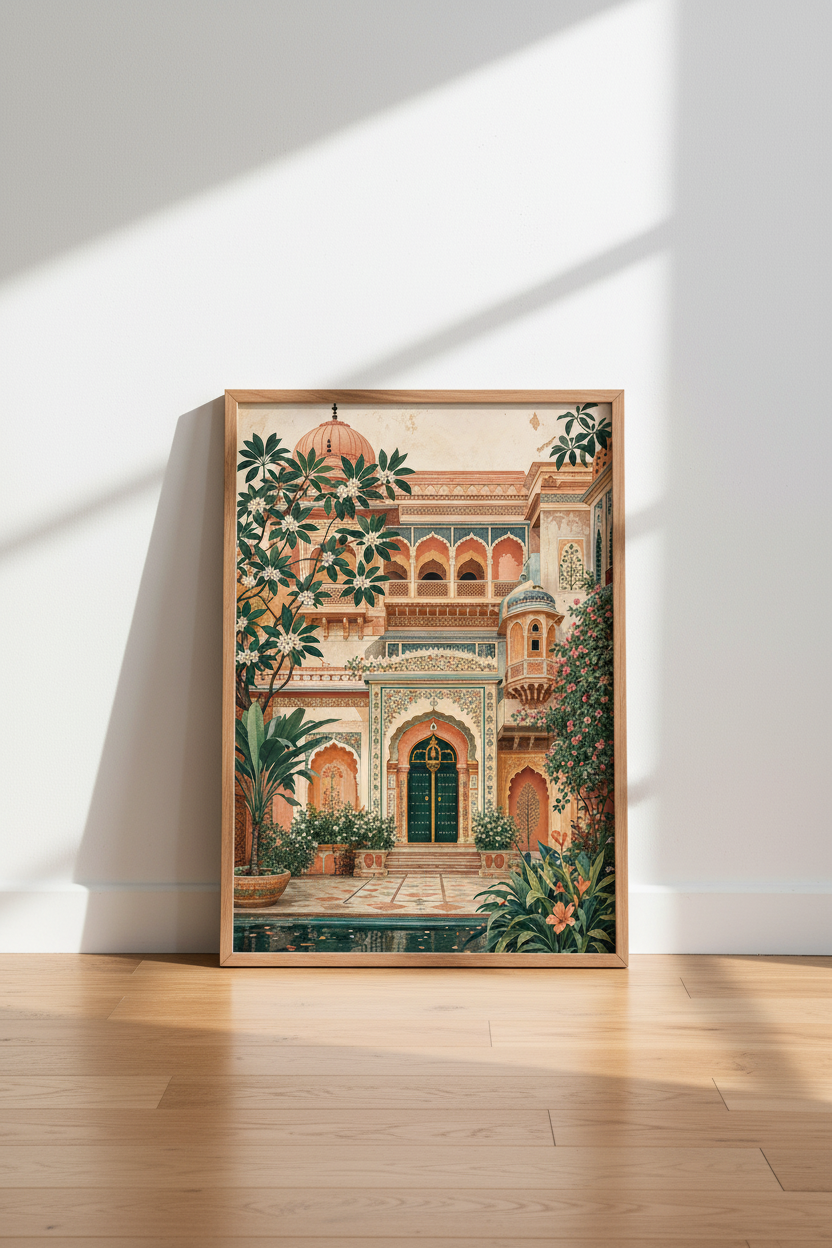 Indian Palace Garden Art | Mughal Architecture Poster, Terracotta Boho Wall Decor