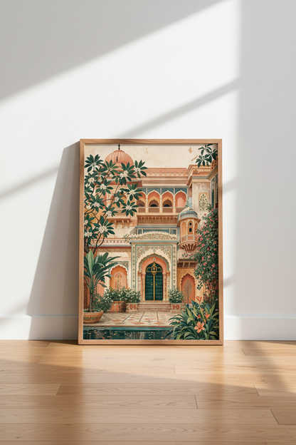 Indian Palace Garden Art | Mughal Architecture Poster, Terracotta Boho Wall Decor