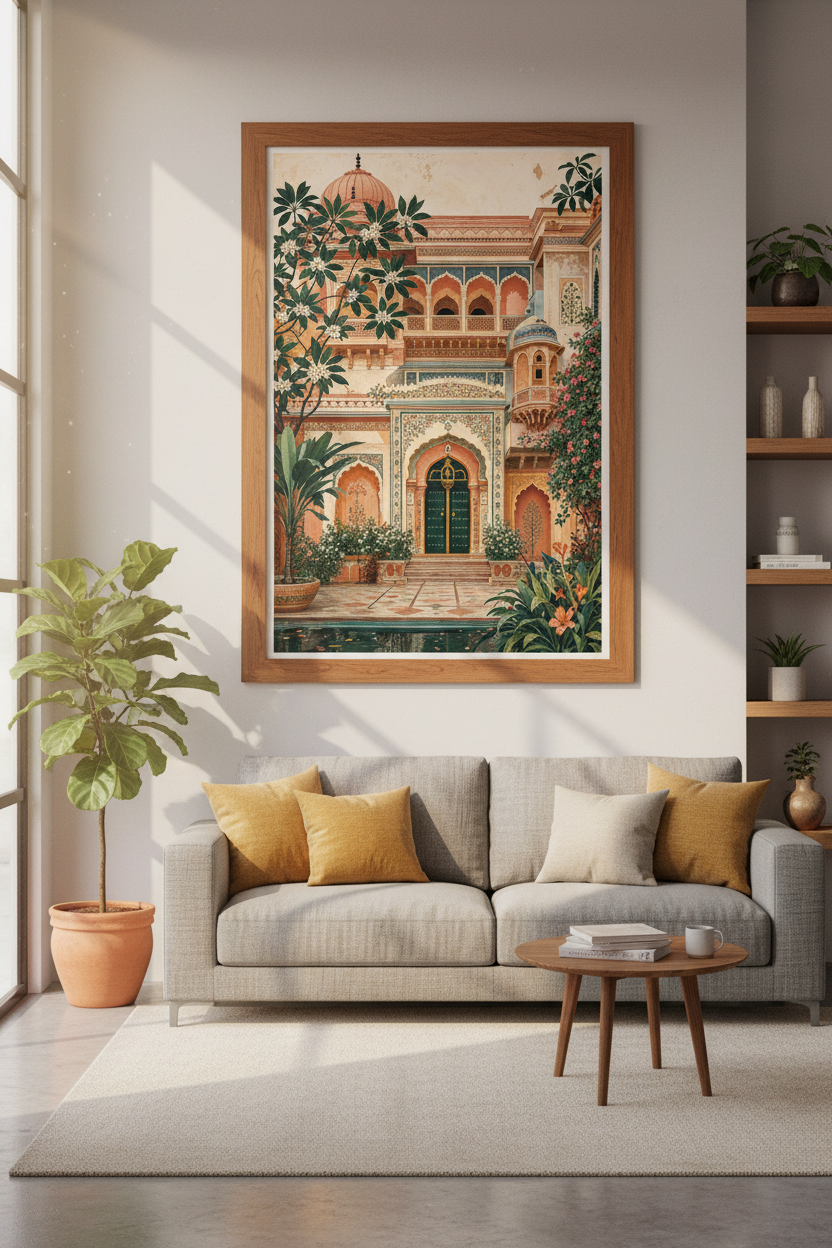 Indian Palace Garden Art | Mughal Architecture Poster, Terracotta Boho Wall Decor