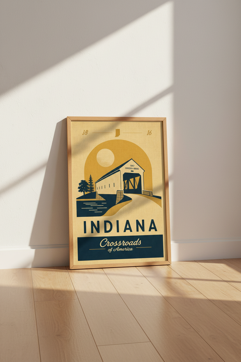 Indiana Travel Poster | Retro Covered Bridge Art, Midwest Farmhouse Decor