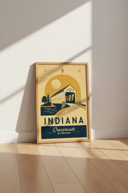 Indiana Travel Poster | Retro Covered Bridge Art, Midwest Farmhouse Decor