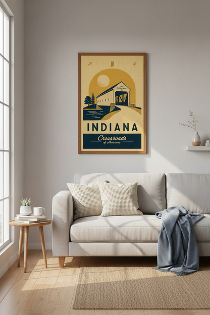 Indiana Travel Poster | Retro Covered Bridge Art, Midwest Farmhouse Decor