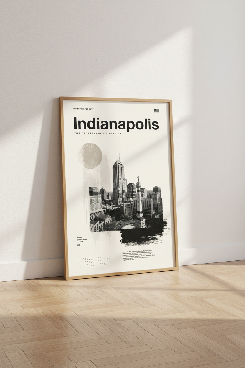 Indianapolis Skyline Wall Art | Minimalist BW City Poster, Office Decor
