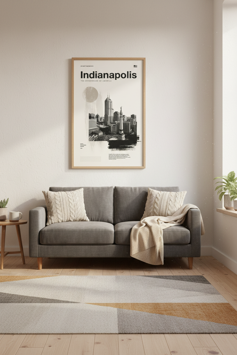 Indianapolis Skyline Wall Art | Minimalist BW City Poster, Office Decor