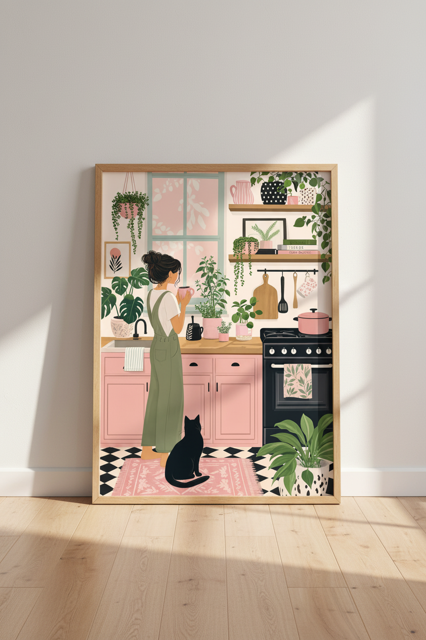 Cozy Pink Kitchen &amp; Plants Art Print | Boho Cottagecore Decor | Plant Lady Poster