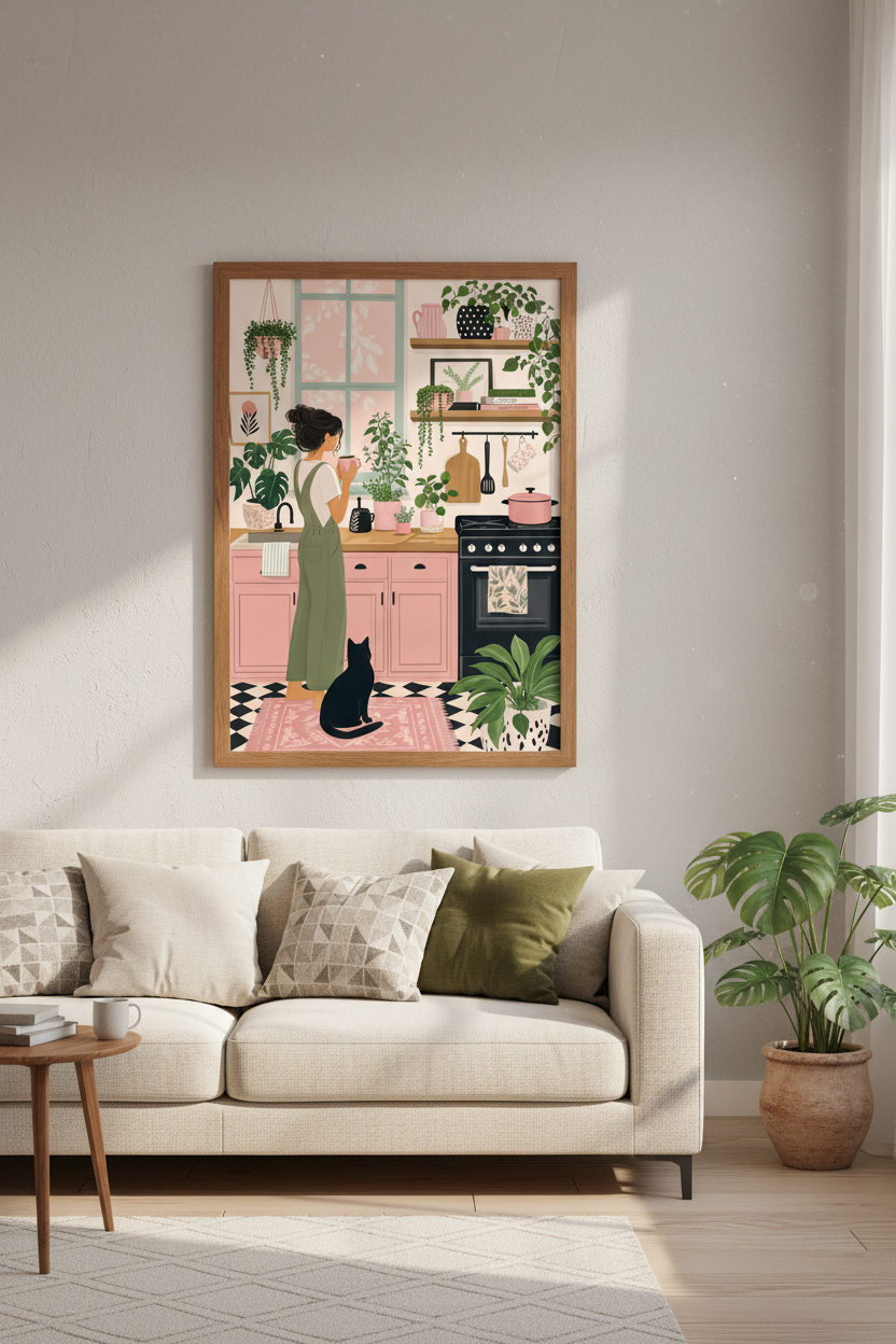 Cozy Pink Kitchen &amp; Plants Art Print | Boho Cottagecore Decor | Plant Lady Poster