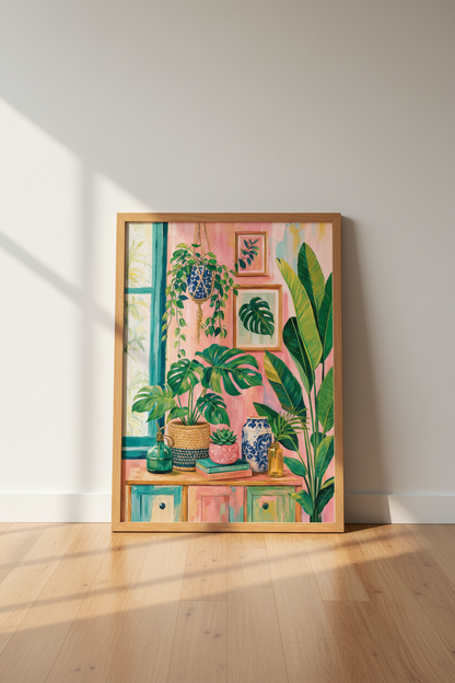 Tropical Monstera Plant Wall Art | Pink Maximalist Decor | Boho Jungle Poster