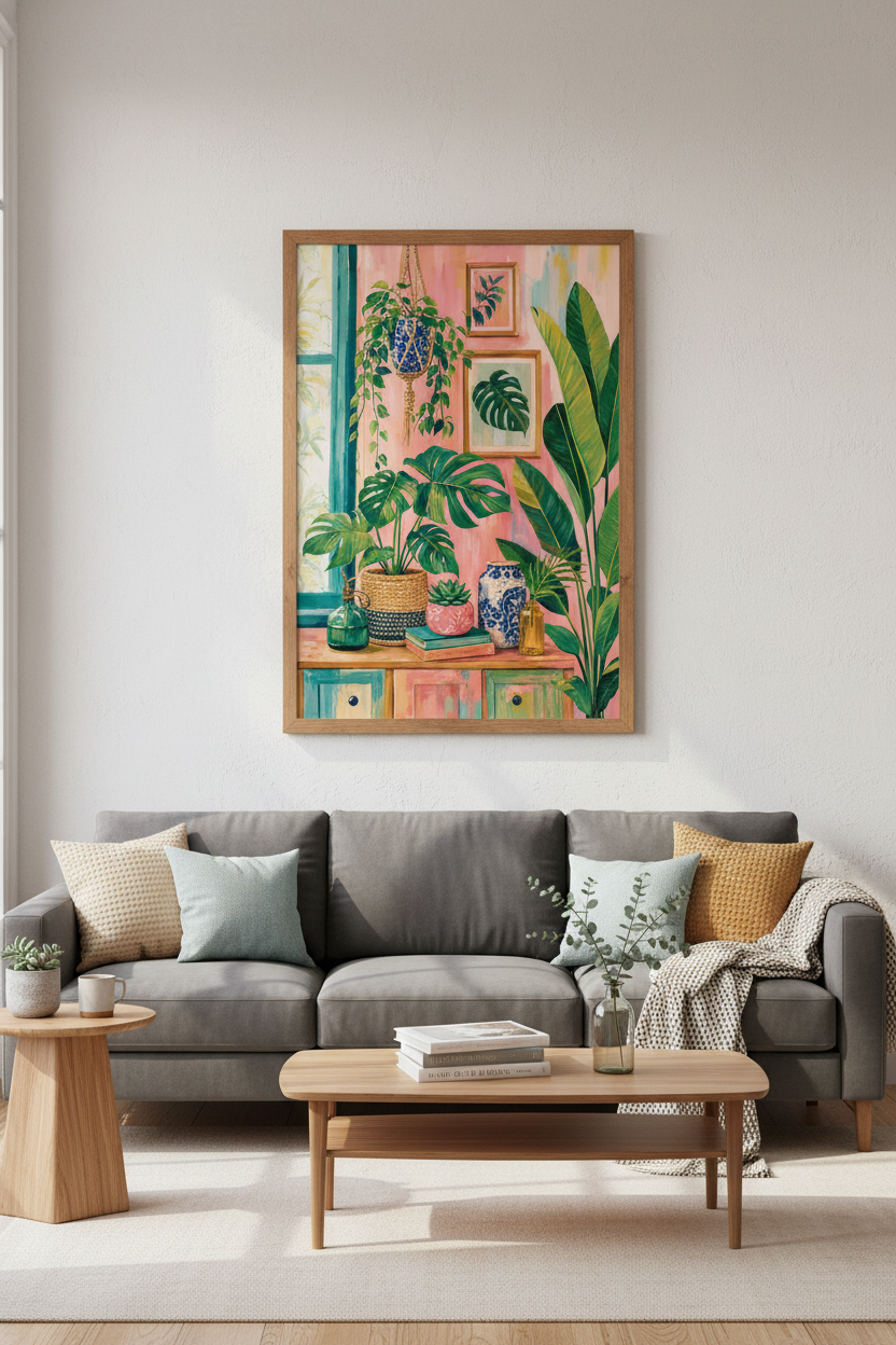 Tropical Monstera Plant Wall Art | Pink Maximalist Decor | Boho Jungle Poster