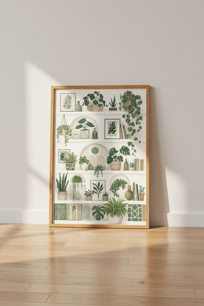 Botanical Shelfie Wall Art | Boho Plant Poster, Sage Green Living Room Decor