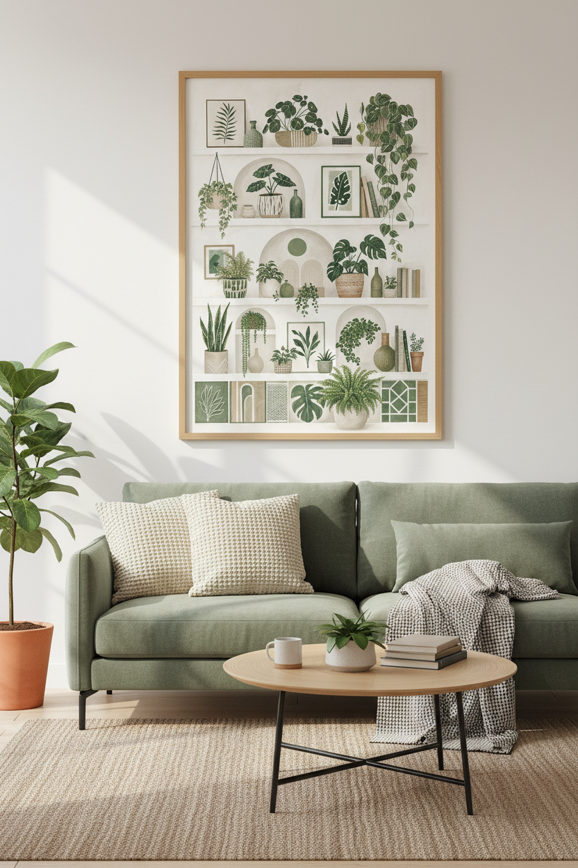 Botanical Shelfie Wall Art | Boho Plant Poster, Sage Green Living Room Decor