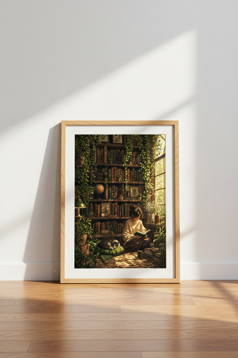 Cozy Library Nook Wall Art | Bookish Girl &amp; Cat Decor | Dark Academia Poster