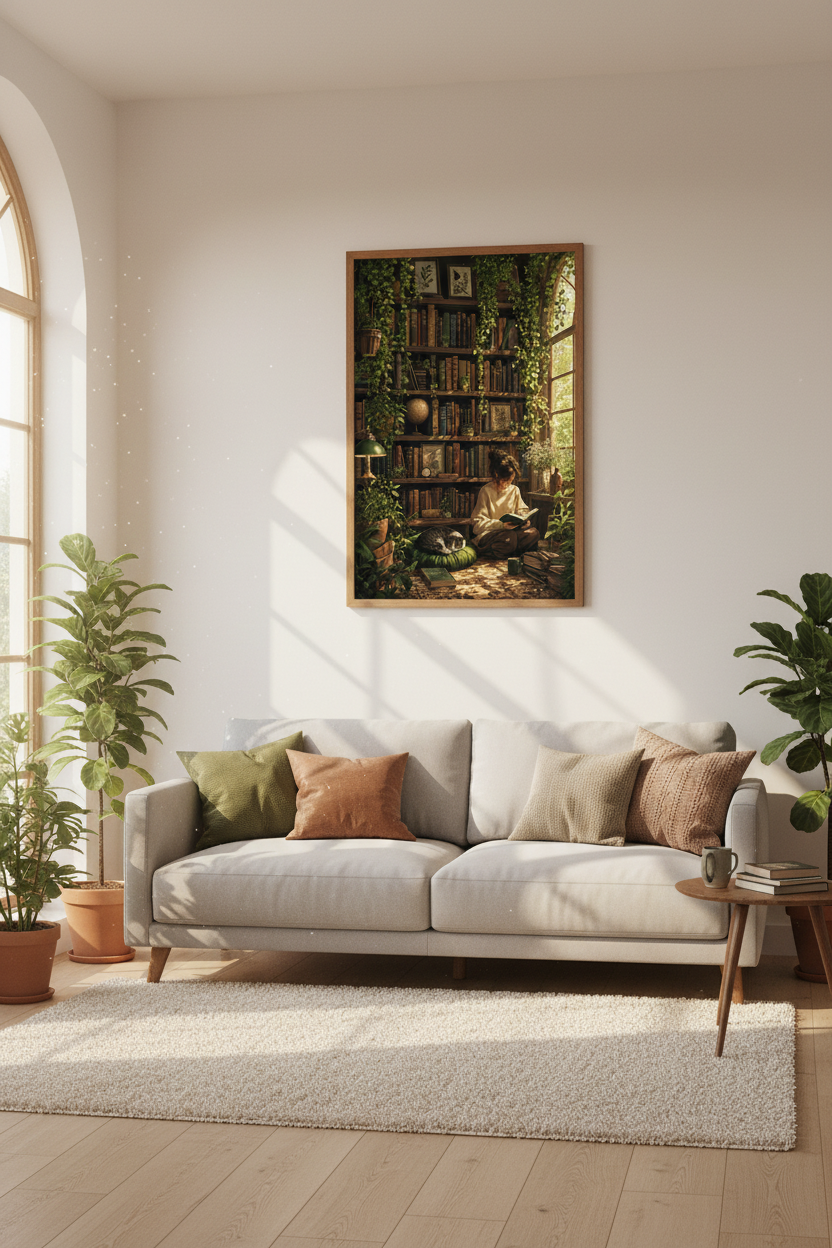 Cozy Library Nook Wall Art | Bookish Girl &amp; Cat Decor | Dark Academia Poster