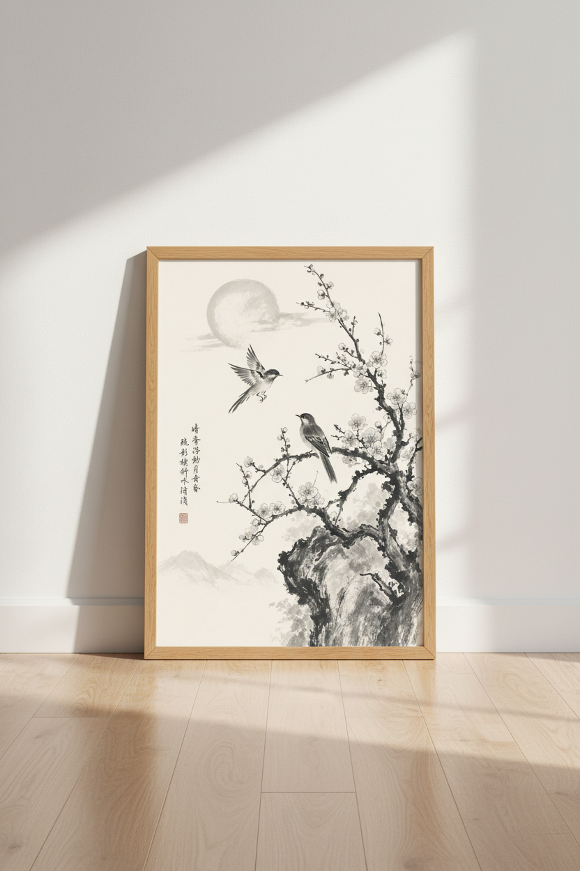 Japanese Bird &amp; Blossom Wall Art | Zen Ink Wash Decor | Minimalist Poster