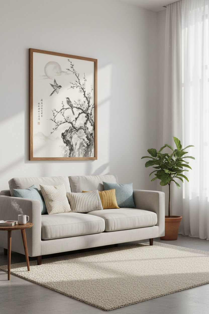 Japanese Bird &amp; Blossom Wall Art | Zen Ink Wash Decor | Minimalist Poster