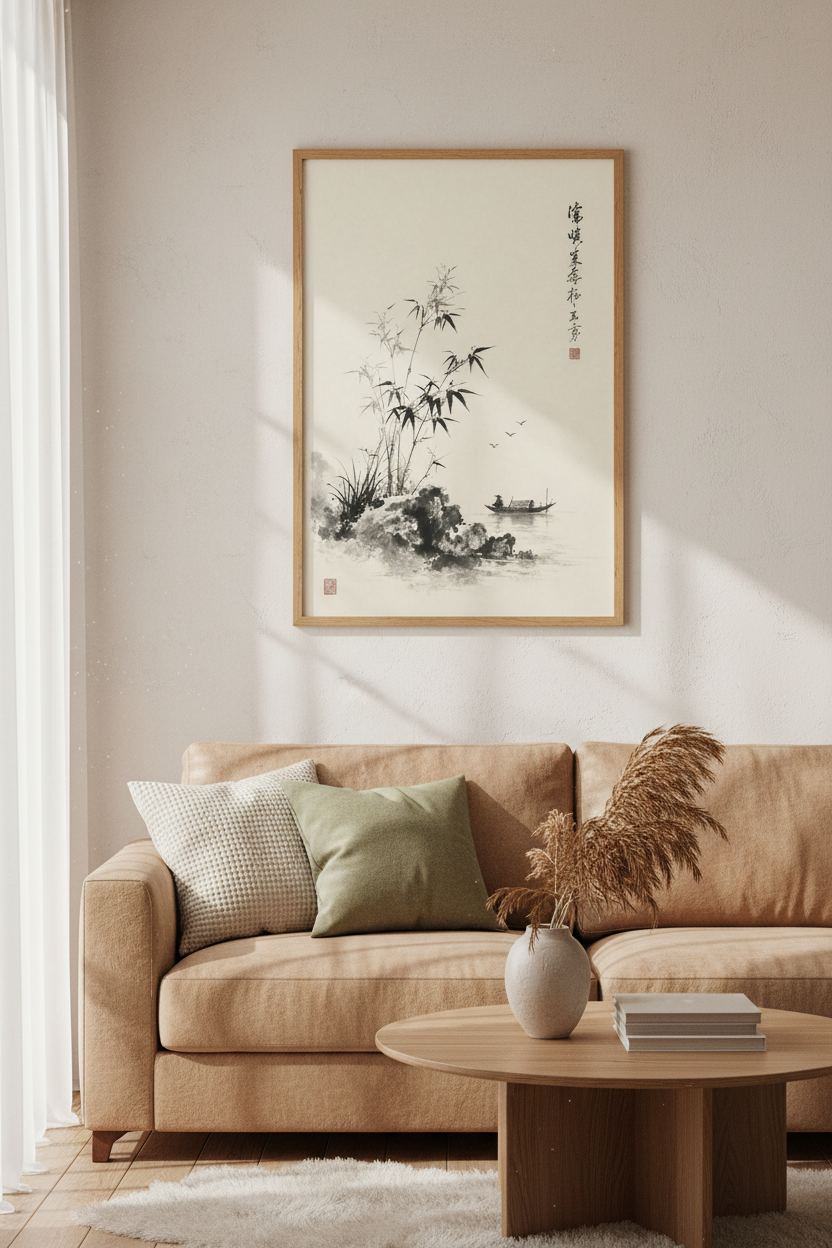 Japanese Zen Bamboo Artist Print | Minimalist Ink Landscape, Living Room Decor