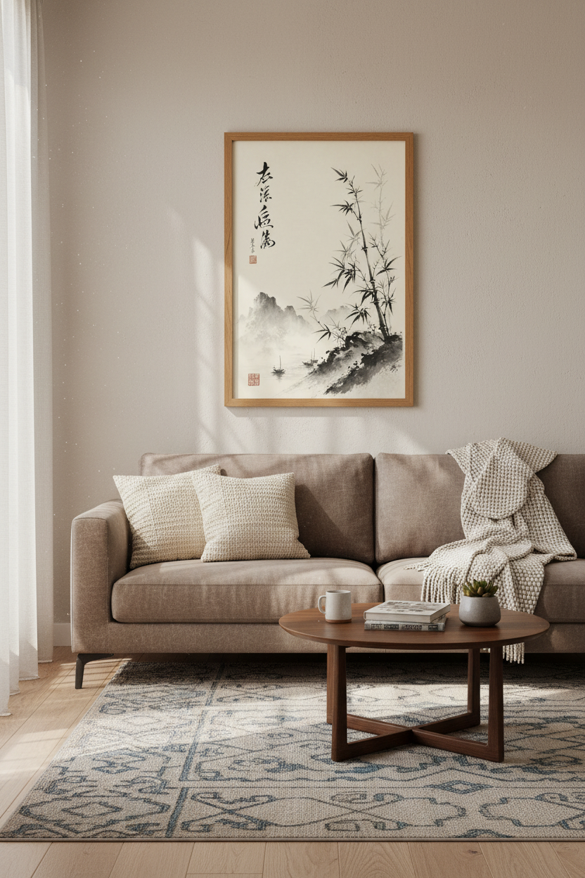 Japanese Bamboo Ink Wash Art | Zen Landscape Poster, Minimalist Office Decor
