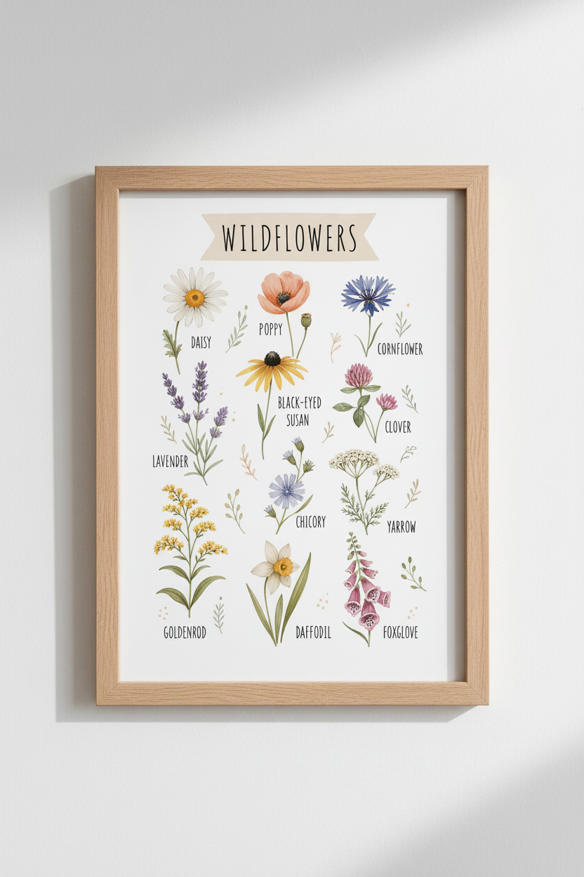 Wildflower Botanical Wall Art | Watercolor Floral Poster, Cottagecore Decor