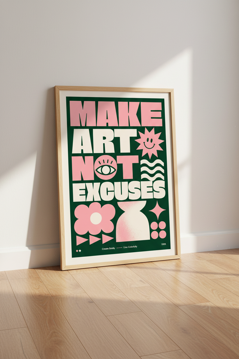 Make Art Not Excuses Print | Retro Green Pink Typography Decor | Studio Poster