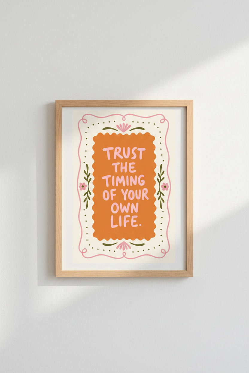 Trust The Timing Quote Wall Art | Retro Pink &amp; Orange Poster | Aesthetic Room Decor