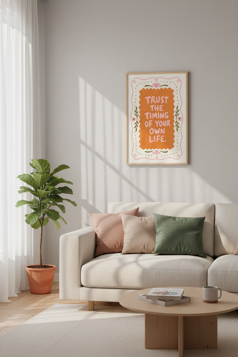 Trust The Timing Quote Wall Art | Retro Pink &amp; Orange Poster | Aesthetic Room Decor