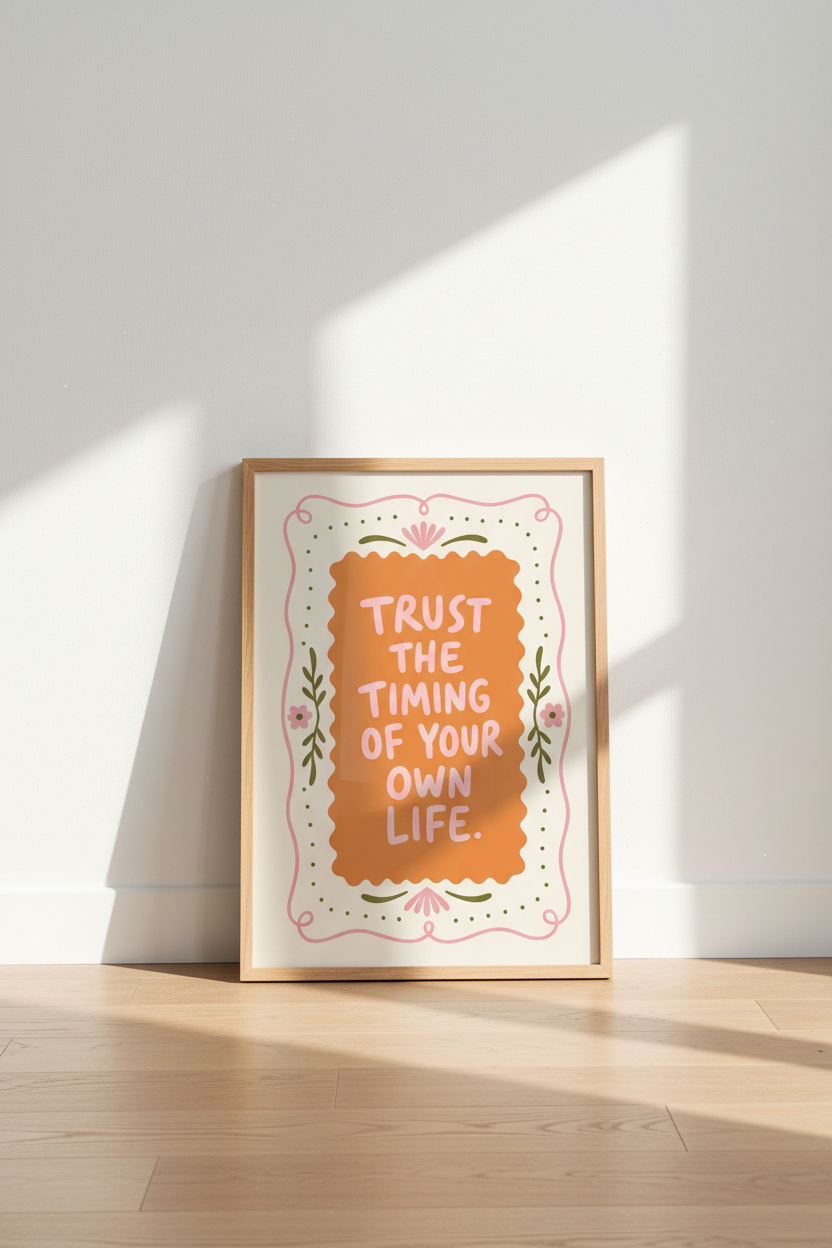 Trust The Timing Quote Wall Art | Retro Pink &amp; Orange Poster | Aesthetic Room Decor