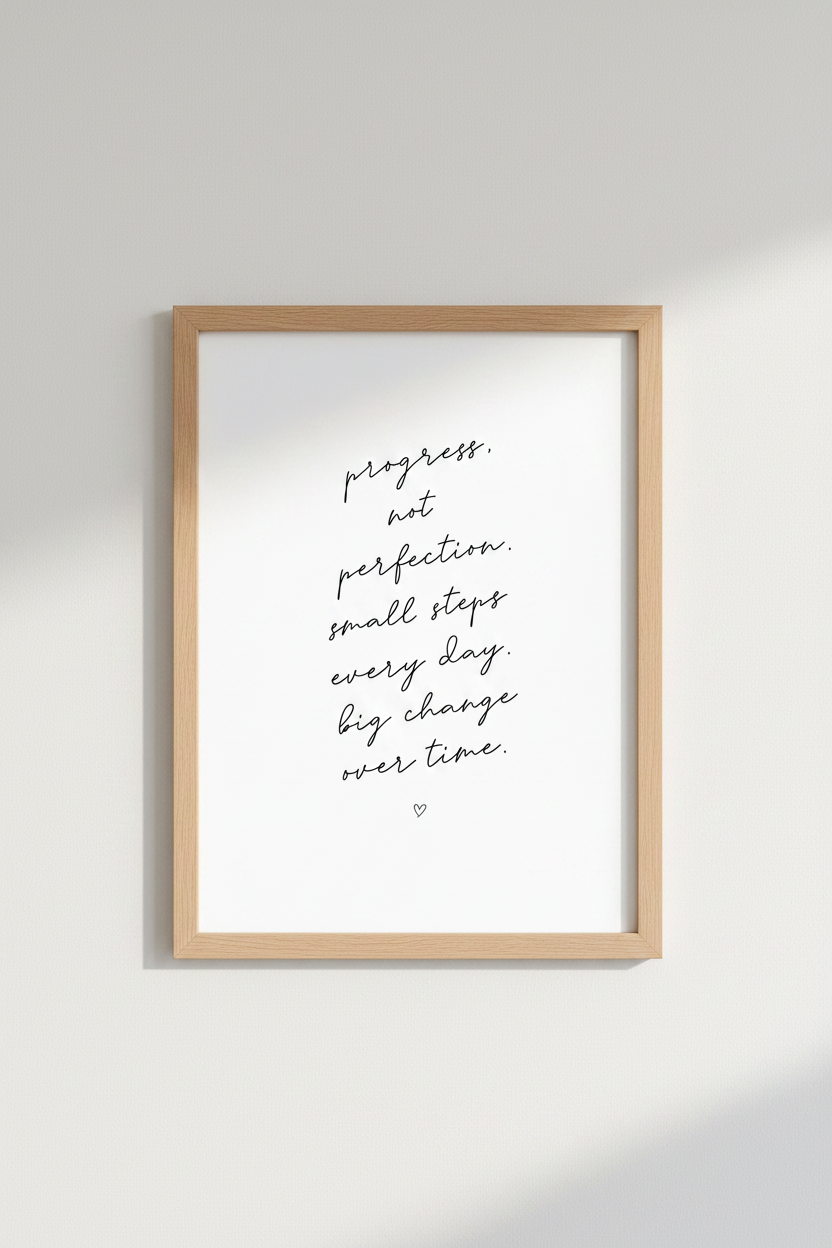 Progress Not Perfection Quote Art | Minimalist Script Poster, Home Office Decor