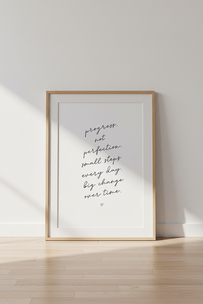 Progress Not Perfection Quote Art | Minimalist Script Poster, Home Office Decor
