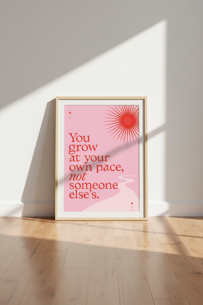 You Grow At Your Own Pace Quote Wall Art | Pink Retro Sun Print, Office Decor
