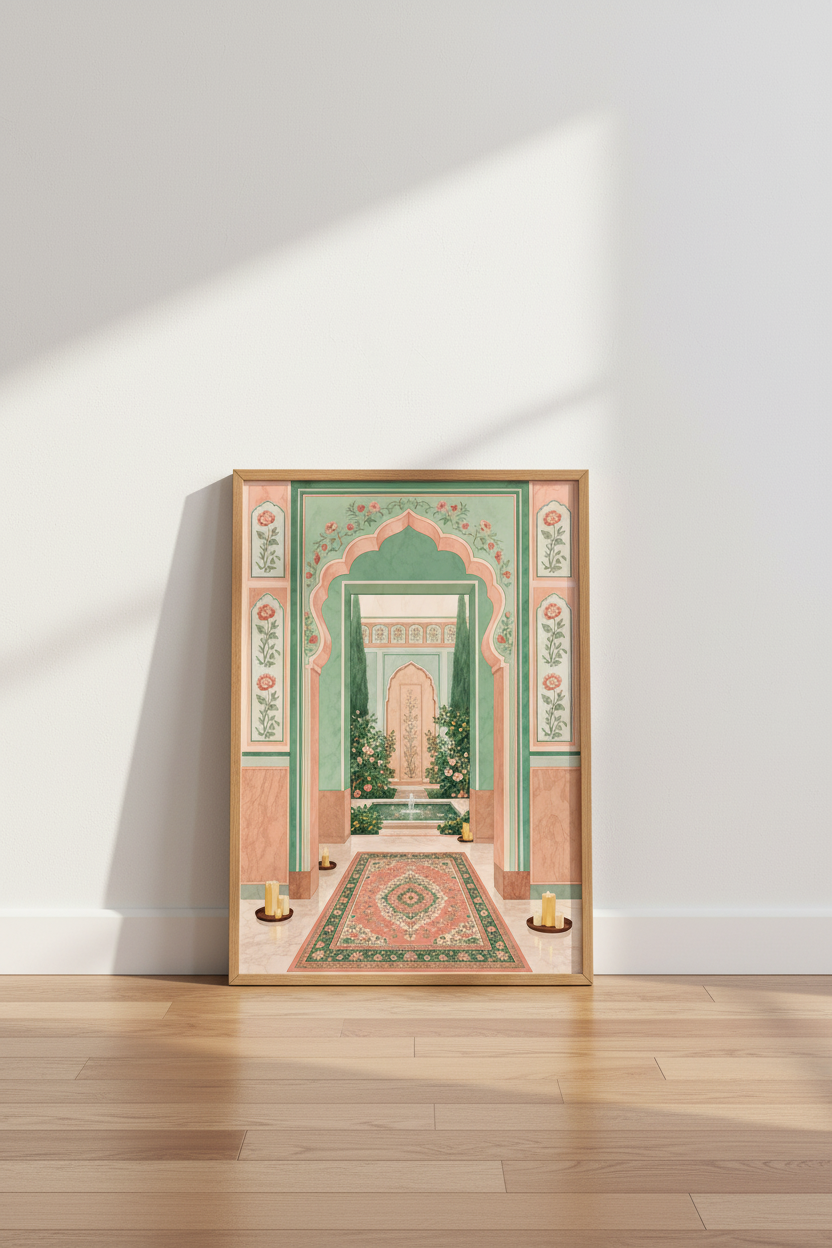 Mughal Garden Wall Art Print | Pink &amp; Green Indian Courtyard Decor | Zen Floral Poster