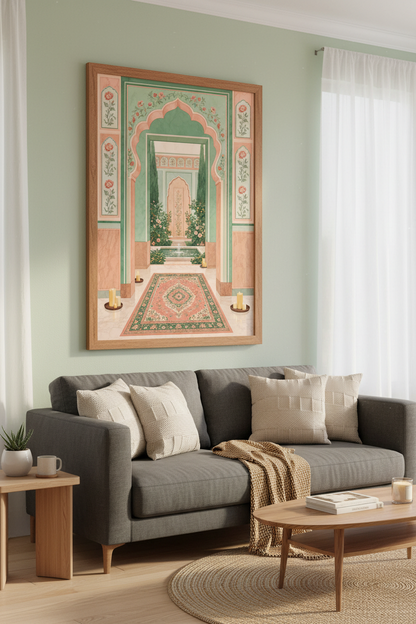 Mughal Garden Wall Art Print | Pink &amp; Green Indian Courtyard Decor | Zen Floral Poster