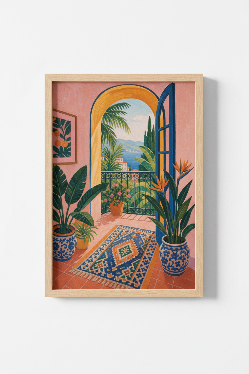 Coastal Balcony Art Print | Mediterranean Terrace Poster | Tropical Boho Wall Decor