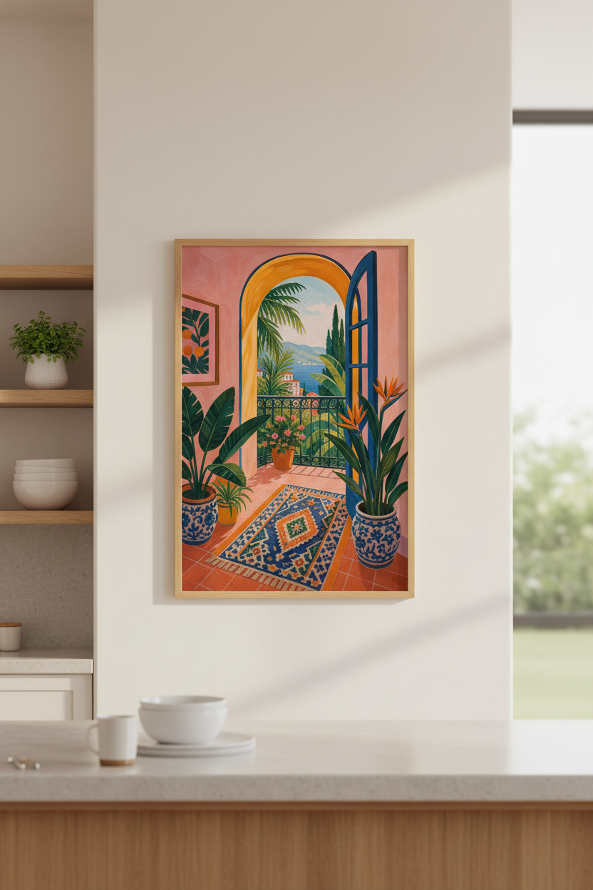 Coastal Balcony Art Print | Mediterranean Terrace Poster | Tropical Boho Wall Decor