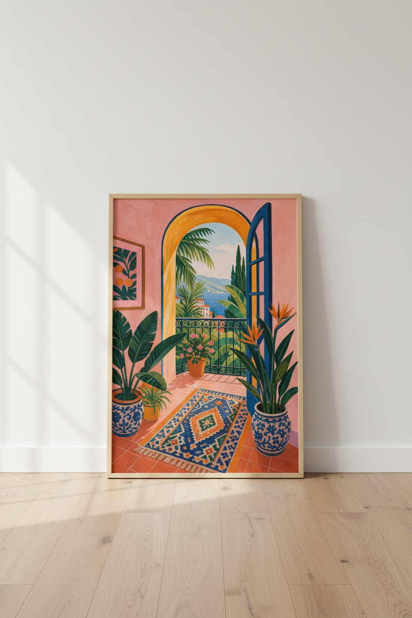 Coastal Balcony Art Print | Mediterranean Terrace Poster | Tropical Boho Wall Decor