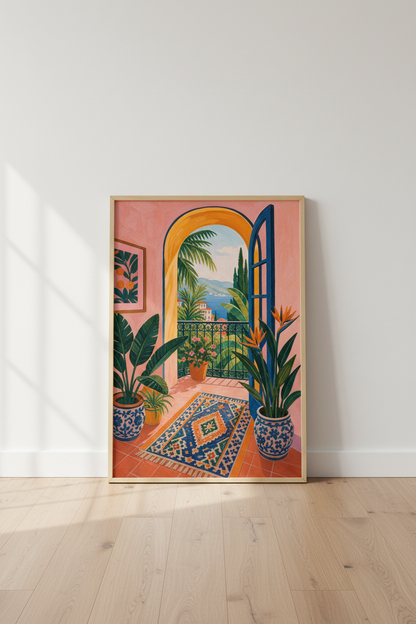 Coastal Balcony Art Print | Mediterranean Terrace Poster | Tropical Boho Wall Decor