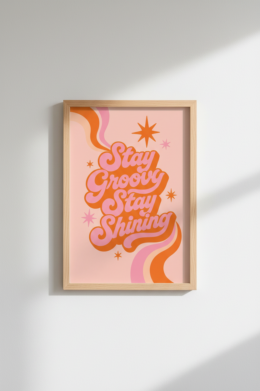 Stay Groovy Stay Shining Retro Wall Art | Pink Orange 70s Poster | Groovy Bedroom Decor