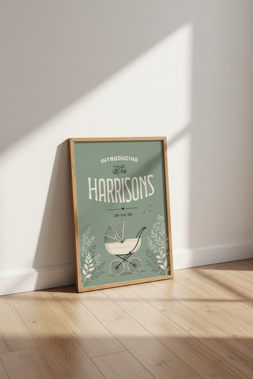 Custom Family Name Baby Announcement | Vintage Sage Green Nursery Wall Art Print