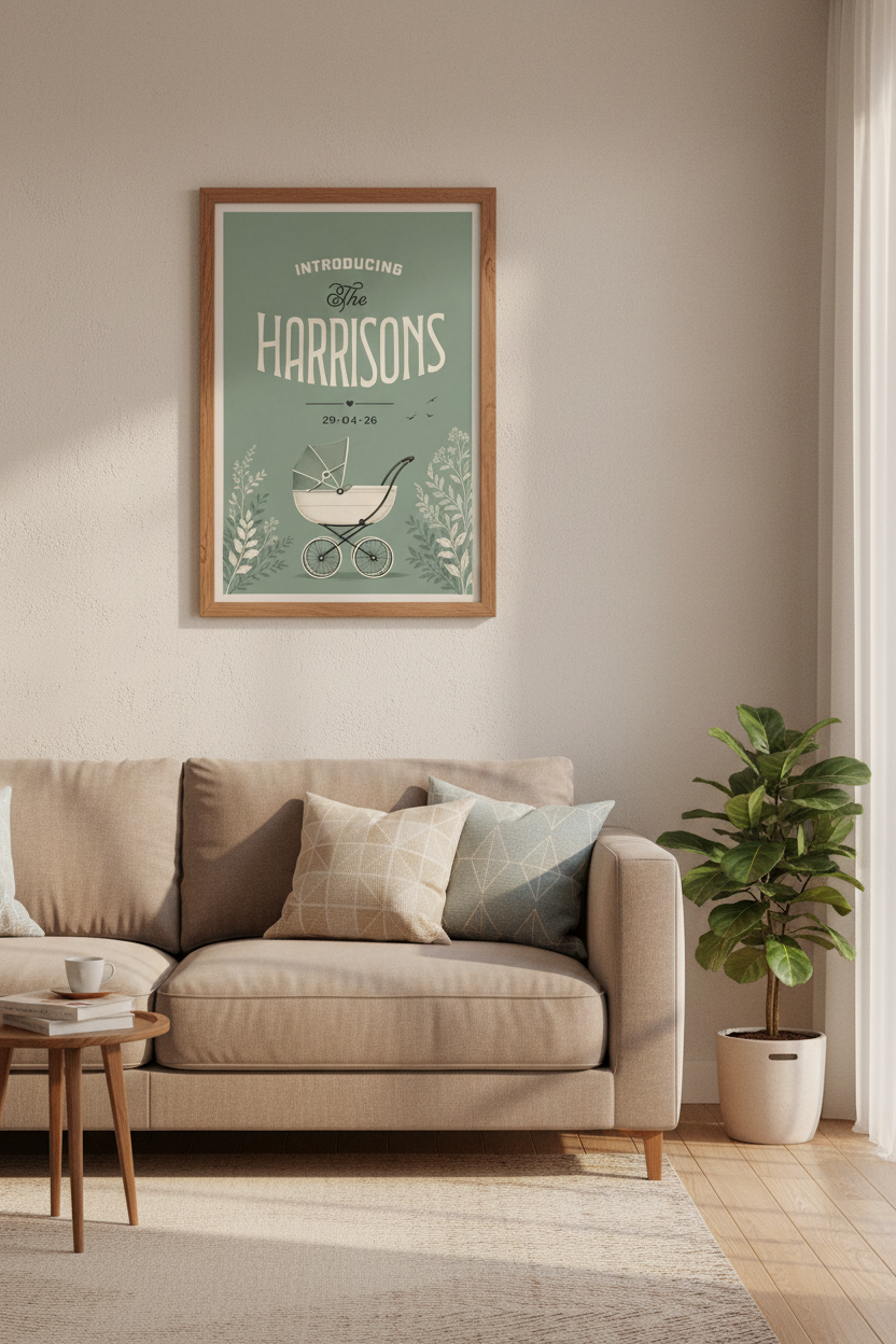 Custom Family Name Baby Announcement | Vintage Sage Green Nursery Wall Art Print
