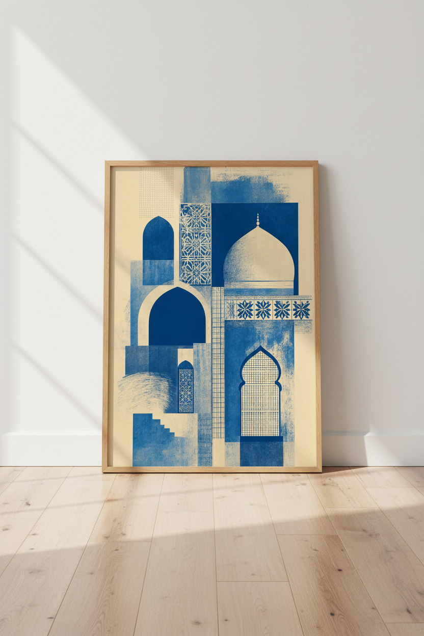Islamic Architecture Art | Blue Geometric Arch Print, Modern Minimalist Decor