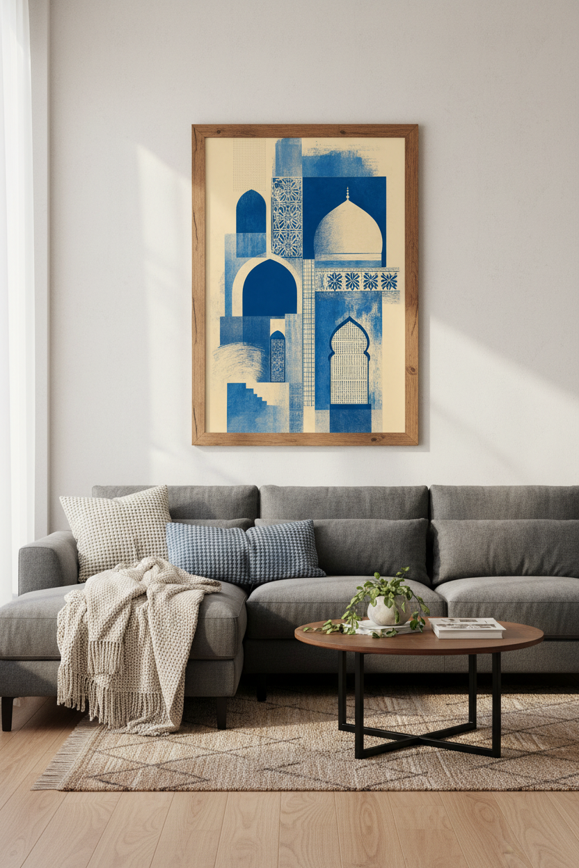 Islamic Architecture Art | Blue Geometric Arch Print, Modern Minimalist Decor