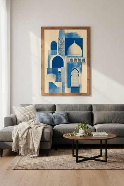 Islamic Architecture Art | Blue Geometric Arch Print, Modern Minimalist Decor