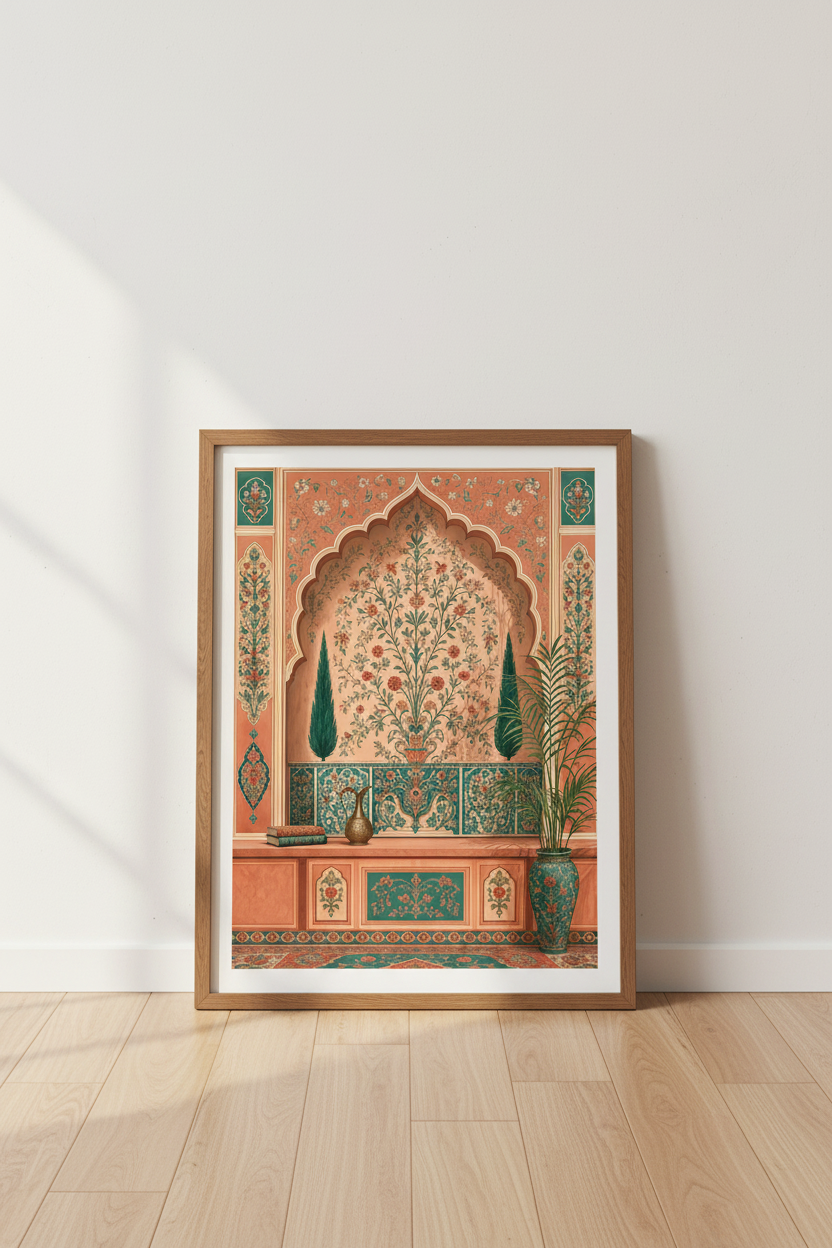 Mughal Garden Arch | Terracotta &amp; Teal Botanical Print, Indian Style Decor