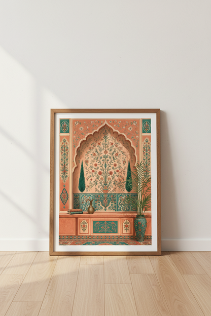 Mughal Garden Arch | Terracotta &amp; Teal Botanical Print, Indian Style Decor
