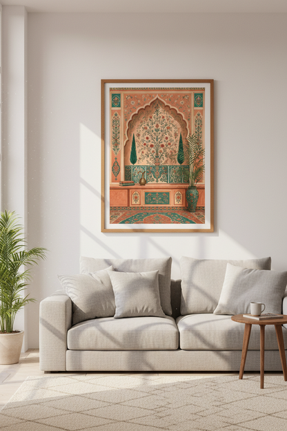 Mughal Garden Arch | Terracotta &amp; Teal Botanical Print, Indian Style Decor