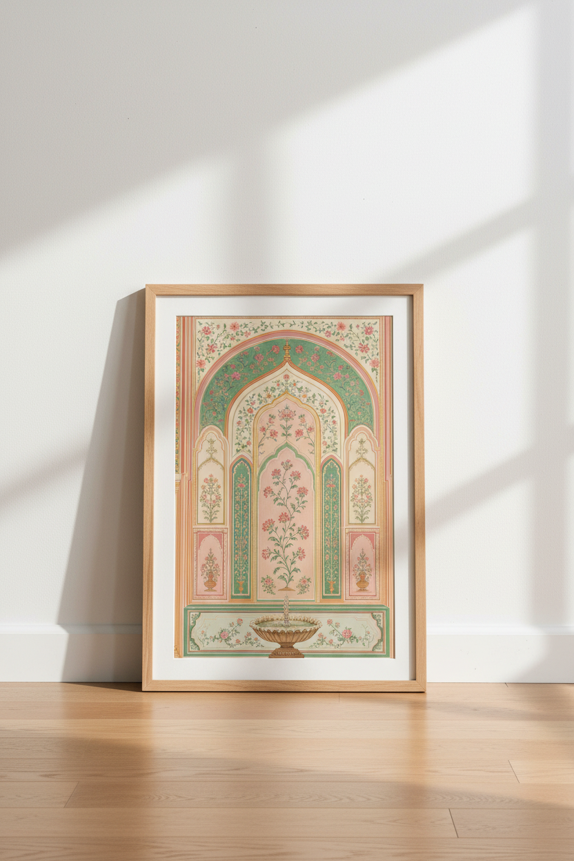 Indian Palace Garden Art | Pink &amp; Green Floral Arch Poster, Boho Living Room Decor