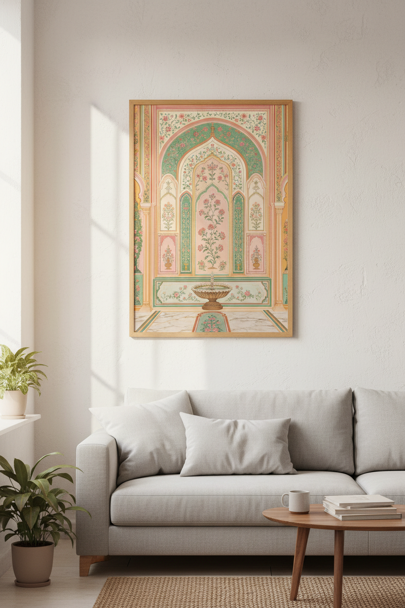 Indian Palace Garden Art | Pink &amp; Green Floral Arch Poster, Boho Living Room Decor