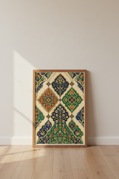 Persian Motif Wall Art | Teal &amp; Orange Boho Floral Decor | Oriental Poster
