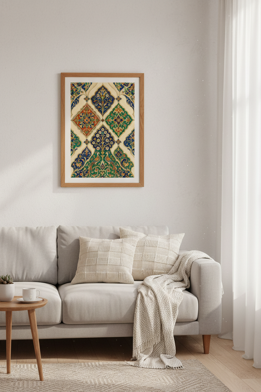 Persian Motif Wall Art | Teal &amp; Orange Boho Floral Decor | Oriental Poster